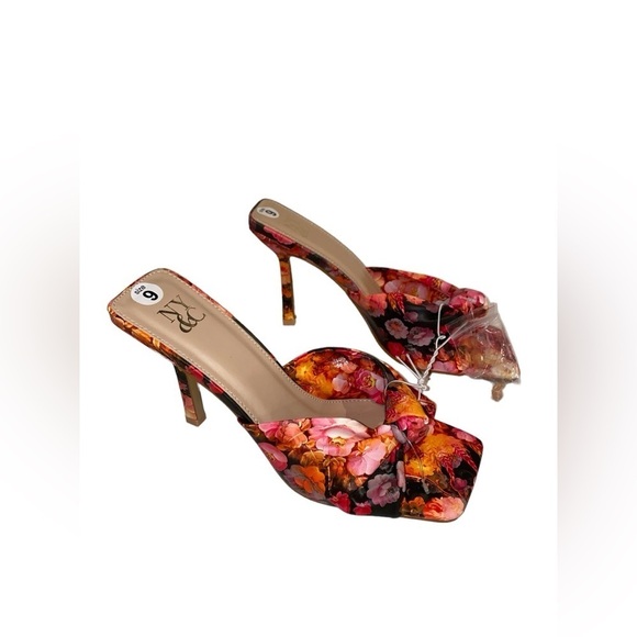 NY&C Women Orange Floral Mules Dress Heeled Faux Leather Glam Party Event NWT‎ - Picture 3 of 5